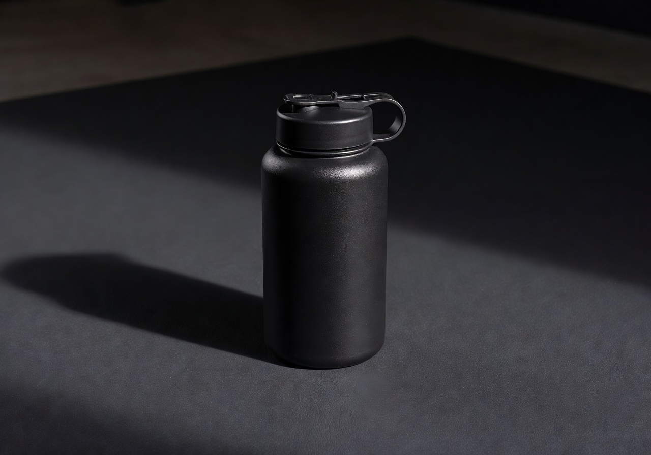 Classic black gym workout bottle on dark matte surface