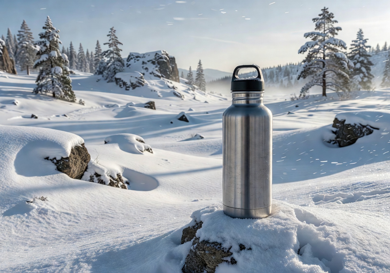 Insulated steel water bottle for outdoor sports in snowy terrain