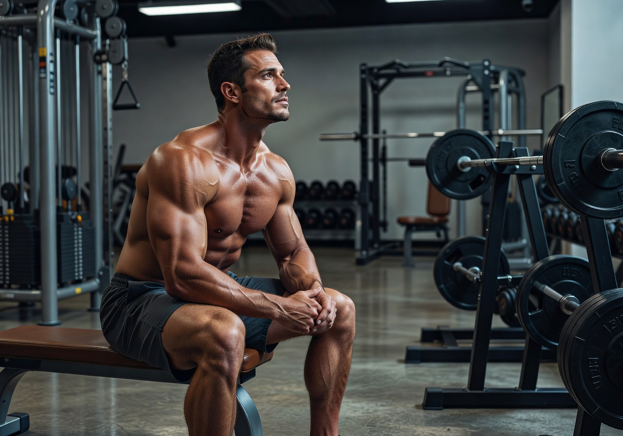 Muscular man resting at the gym looking at fitness equipment