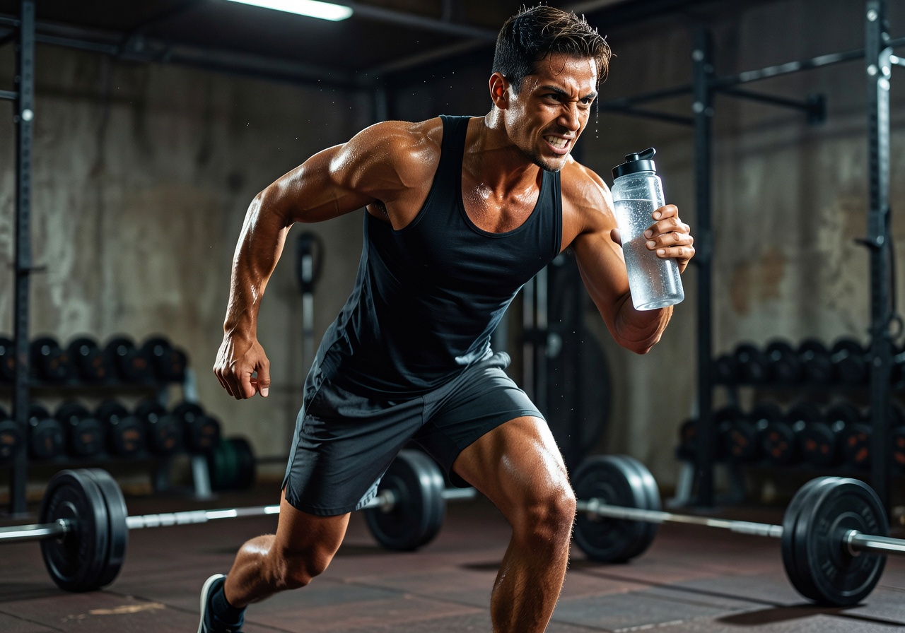 Person holding gym bottle during rigorous fitness workout