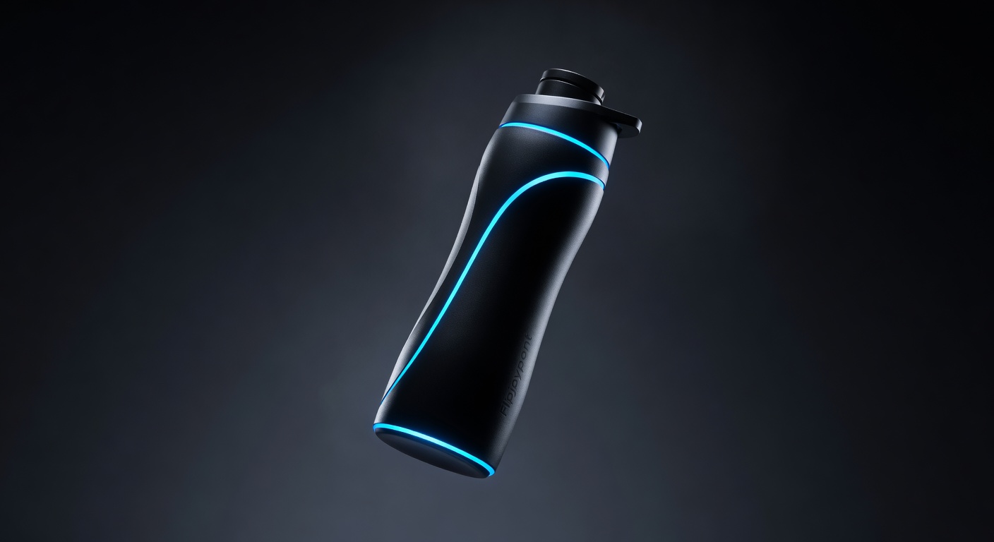 Sleek black Flipjoypont premium gym bottle floating with neon blue accents